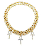 Hip Hop Iced Triple Ankh Cross Pendant & 18" Full Iced Cuban Choker Chain Necklace