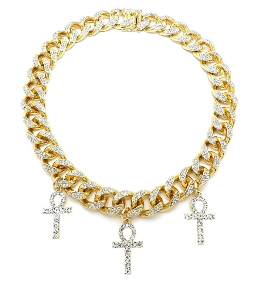 Hip Hop Iced Triple Ankh Cross Pendant & 18" Full Iced Cuban Choker Chain Necklace