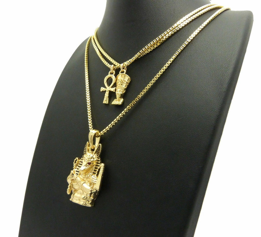 Egyptian Mini Nefertiti, Ankh, Anubis Pendant & 20",24" Box Chain 3 Necklace Set