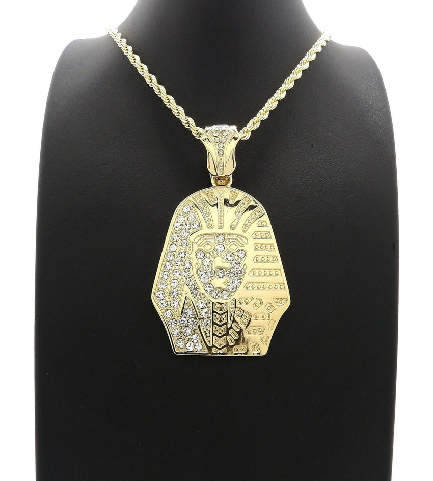 HIP HOP ICED OUT GOLD PT EGYPTIAN PHARAOH PENDANT & 4mm 24" ROPE CHAIN NECKLACE