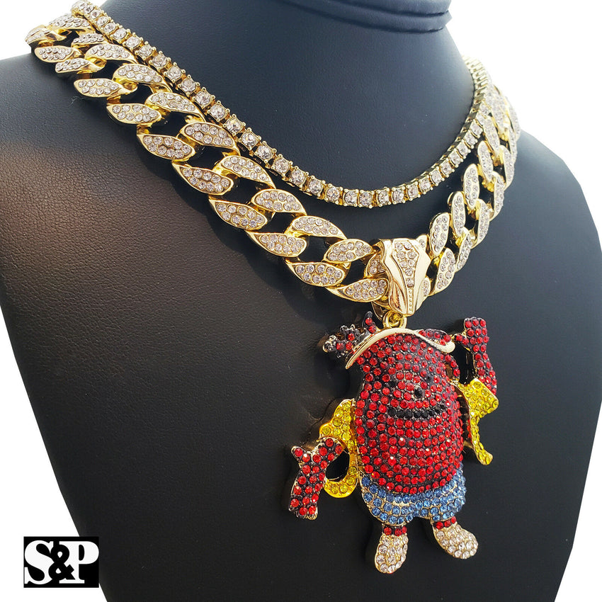 Hip Hop KOOL AID MAN w/ 18" Full Iced Cuban & 1 ROW DIAMOND Choker Chain Necklace Set