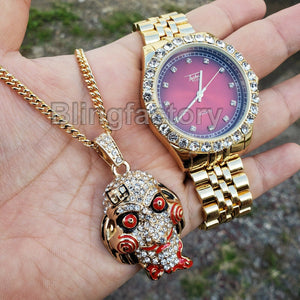 Iced Out 6ix9ine Saw Inspired Necklace & Red Face Gold plated Metal Watch Set