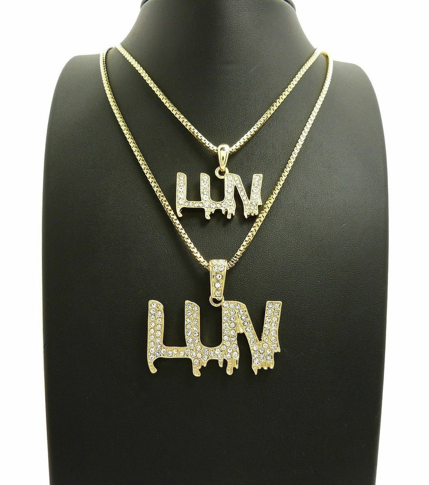 Iced out Hip Hop Pave Small & Big LUV Pendant 20",24" Box Chain 2 Necklace Set