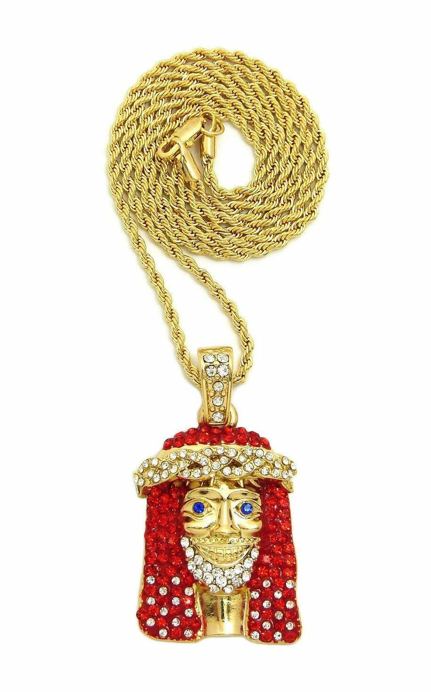 ICED OUT Lil Yachty RED JESUS FACE SMALL PENDANT & 24" CHAIN HIP HOP NECKLACE