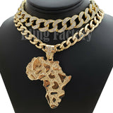Hip Hop Golden Nugget Africa Map Pendant & 18" Iced Cuban Choker Chain Necklace Set