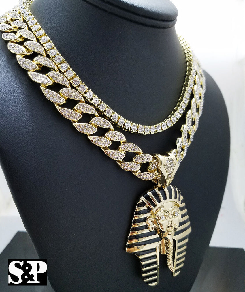 Hip Hop Pharaoh Pendant w/ 16" Full Iced Cuban & 1 ROW DIAMOND Choker Chain Set