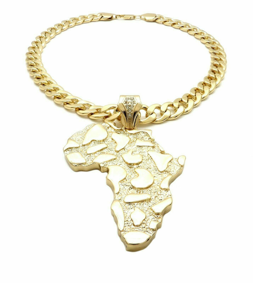 Hip Hop Golden Nugget Africa Map Pendant & 11mm 20" Cuban Choker Chain Necklace