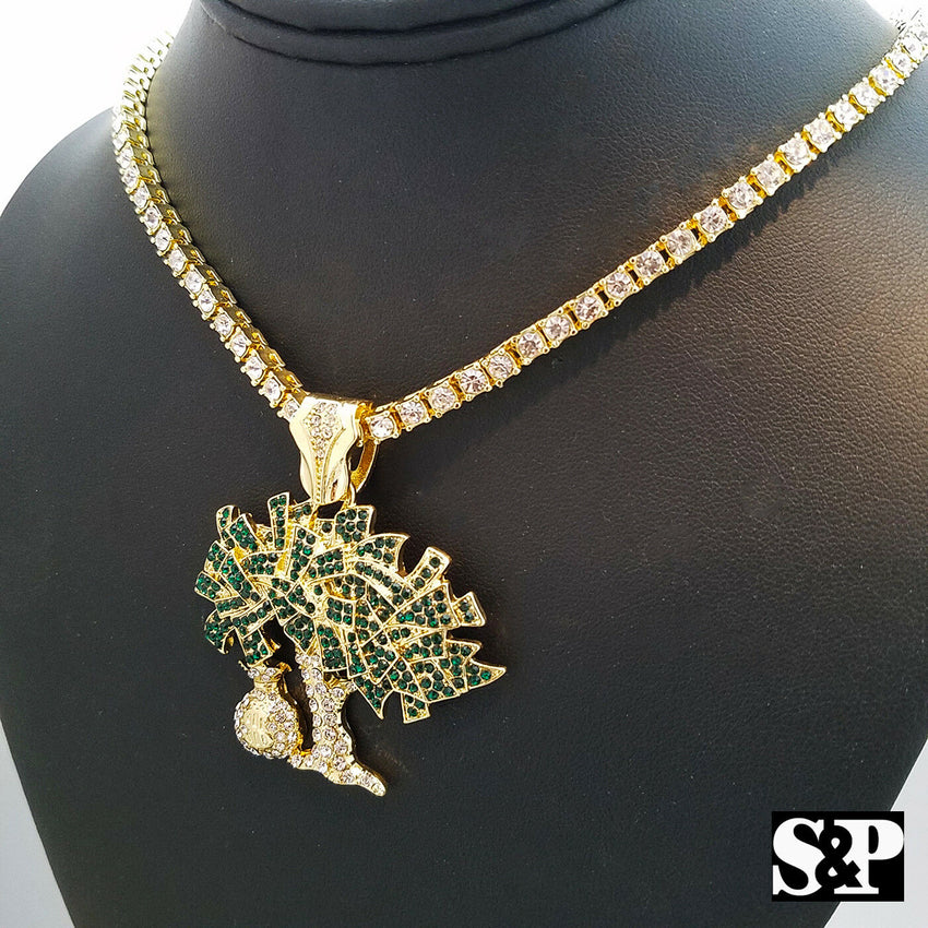 Hip Hop Money Bag Tree Charm & 4mm 18" 1 Row Lab Diamond Tennis Choker Chain Set