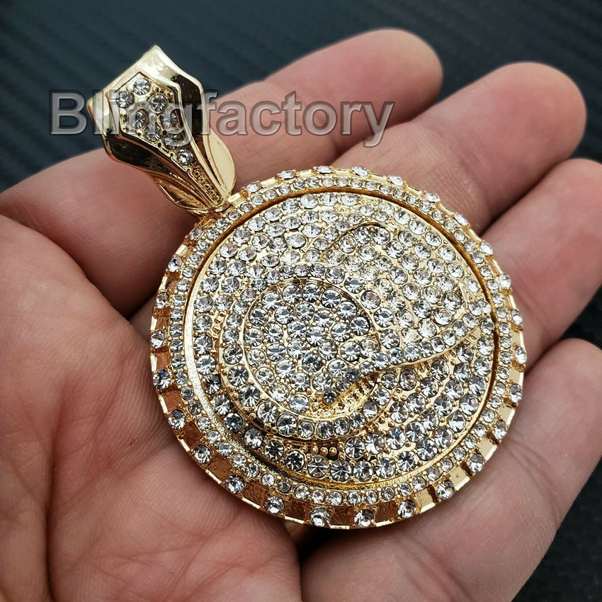 ICED OUT HIP HOP LAB DIAMOND GOLD PLATED 'QC' QUALITY CONTROL SPINNER PENDANT