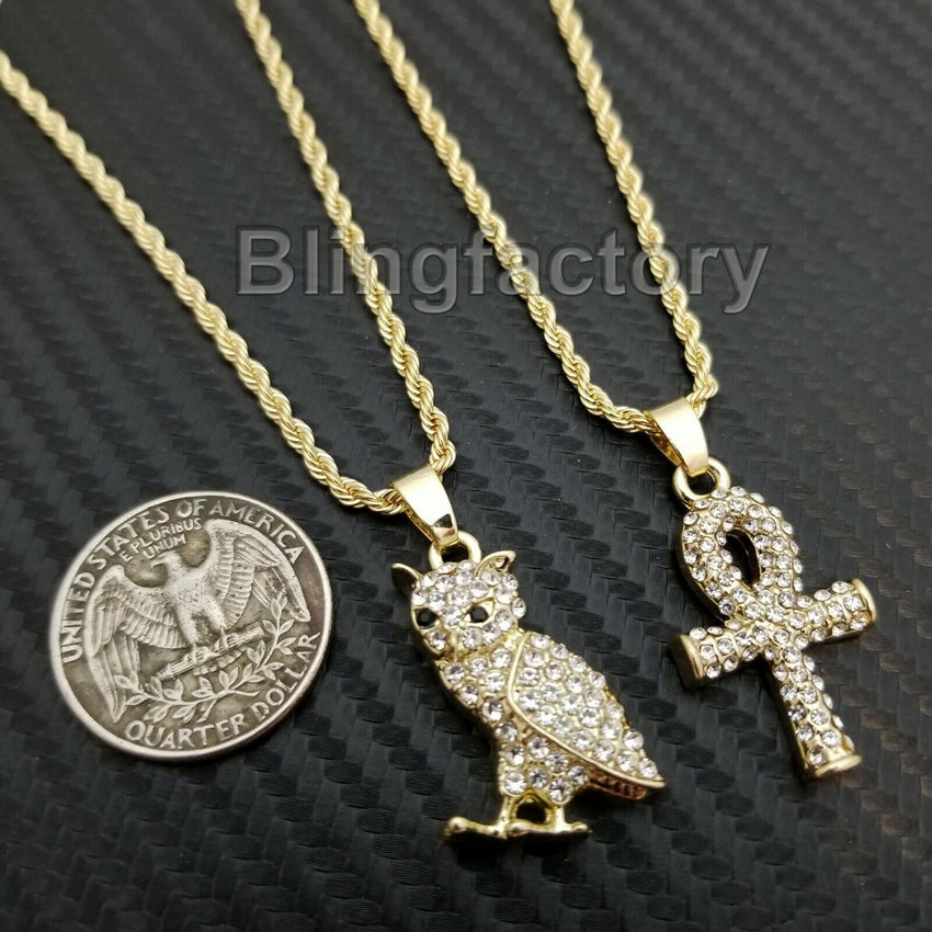 Hip Hop Iced Mini Owl & Ankh Cross Pendant & 3mm 24" Rope Chain Necklace Set