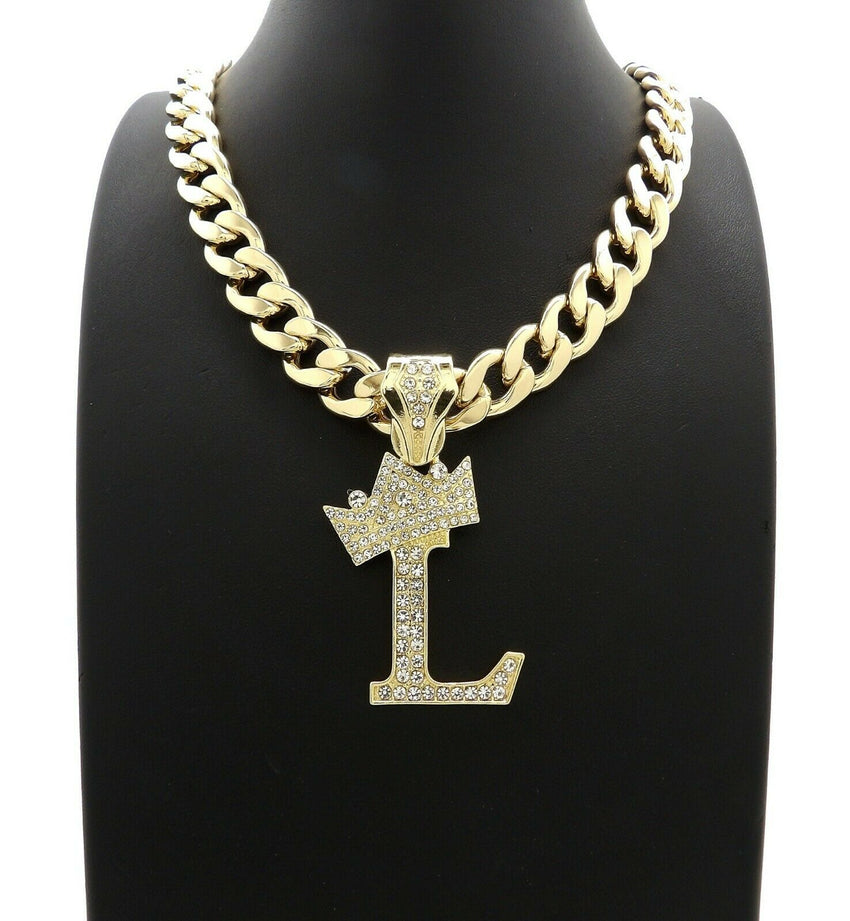 Hip Hop Crowned Alphabet Initial Pendant & 11mm 18" Cuban Choker Chain Necklace
