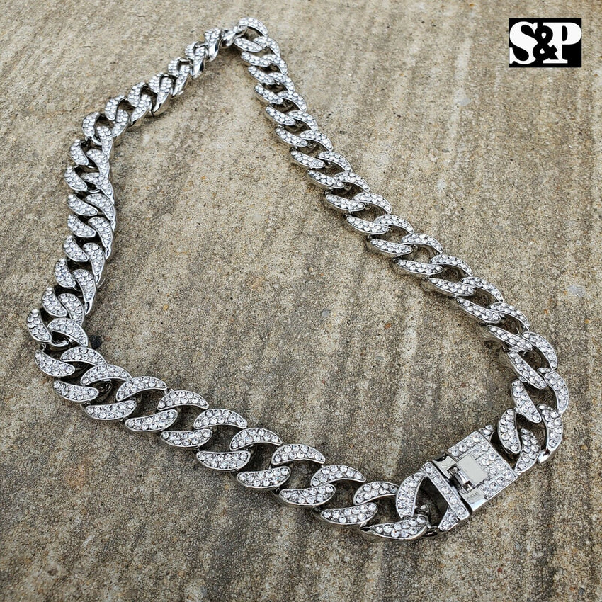 Hip Hop Full Iced Out White Gold PT 24", 30" Miami Cuban Link Chain Necklace