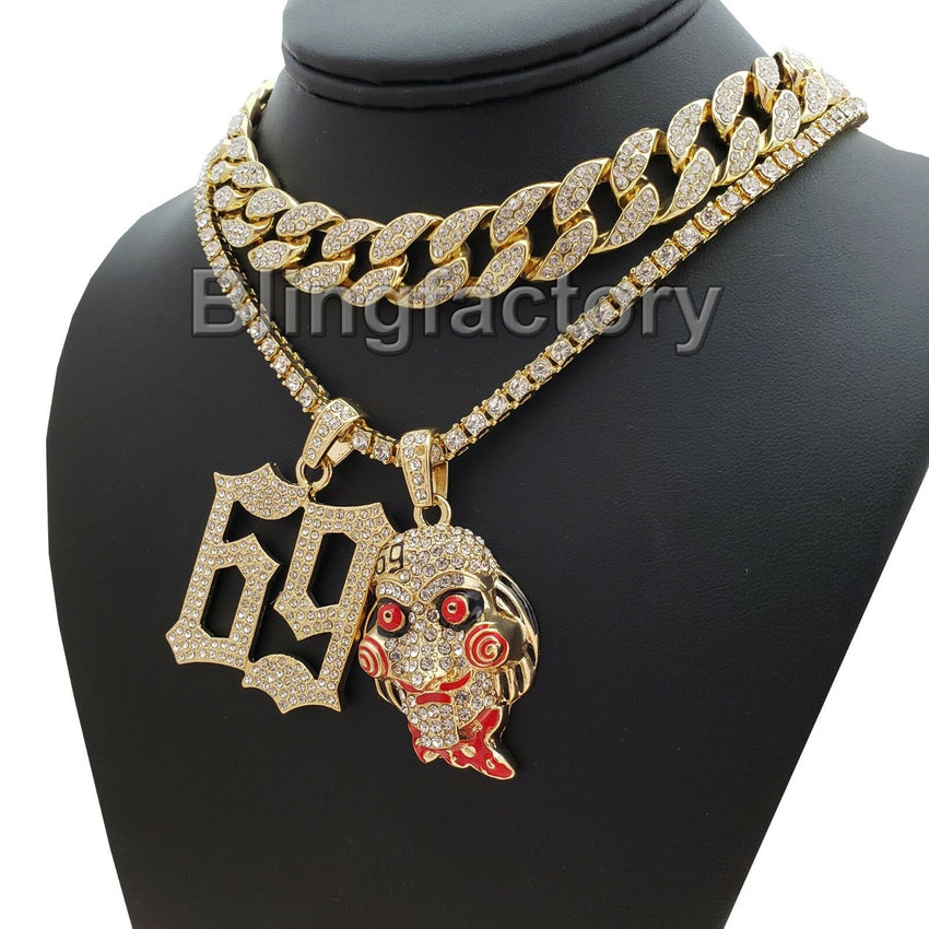 Hip Hop 69 & Jigsaw pendant & 18" Full Iced Cuban & 1 ROW DIAMOND Choker Chain Necklace set