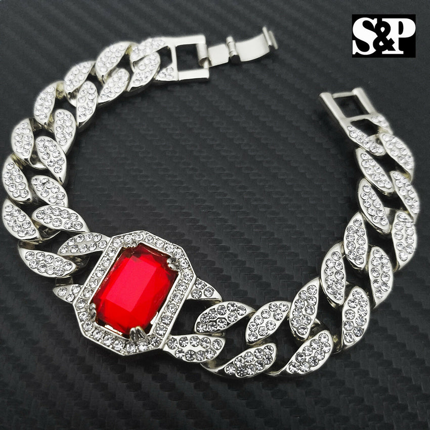 White Gold PT Red Ruby 15mm 8.5" Miami Cuban CZ Full Iced Out Rapper Bracelet