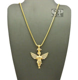 HIP HOP ICED CZ GOLD PLATED FLYING ANGEL PENDANT & 24" BOX CHAIN NECKLACE