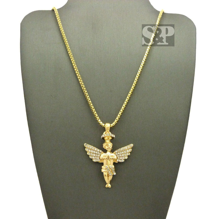 HIP HOP ICED CZ GOLD PLATED FLYING ANGEL PENDANT & 24" BOX CHAIN NECKLACE