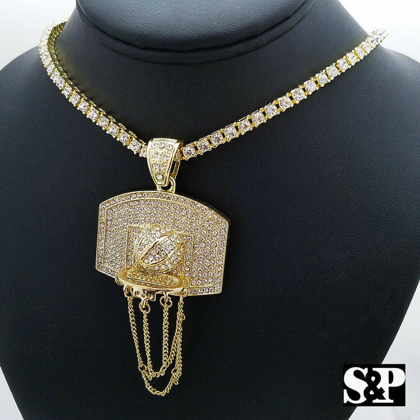 New Basketball Net Pendant & 16" Full Iced 1 Row Diamond Tennis Choker Chain Set