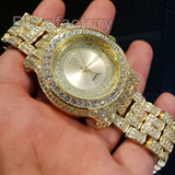 Men Hip Hop Iced out Gold Plated Bling Simulated Diamond Rapper Metal Band Watch