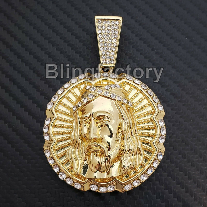 HIP HOP ICED OUT LAB DIAMOND GOLD PLATED LARGE JESUS FACE PENDANT