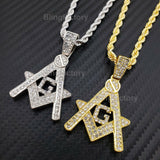 Hip Hop Iced out Masonic Freemason Pendant & 4mm 24" Rope Chain Necklace