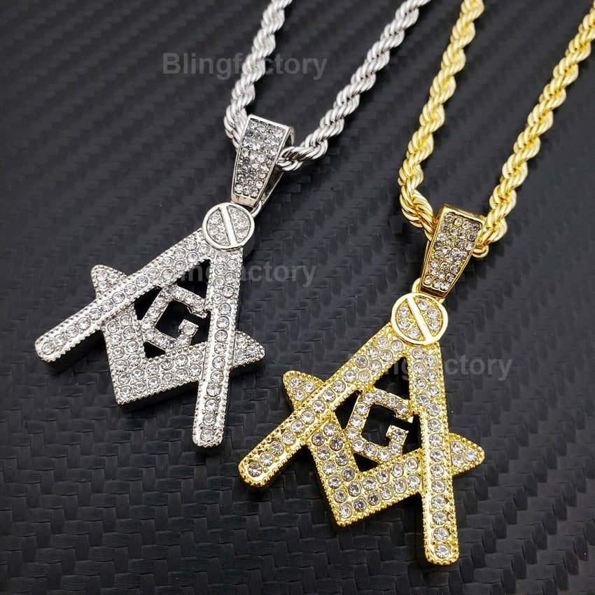 Hip Hop Iced out Masonic Freemason Pendant & 4mm 24" Rope Chain Necklace