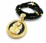 Gold PT KING-TUT PHARAOH Pendant & 6mm/30" Black Beads Chain Hip Hop Necklace