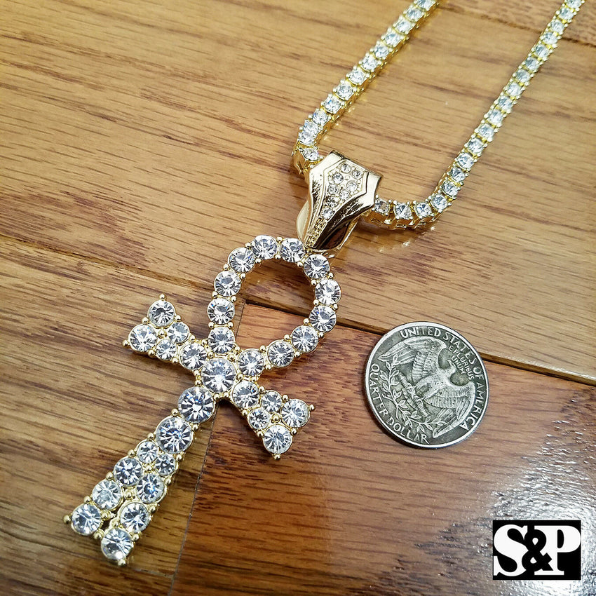 New Hip Hop Ankh Pendant & 18" Full Iced 1 ROW DIAMOND Tennis Choker Chain Set