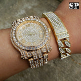 MEN'S HIP HOP GOLD PT BLING LAB DIAMOND WATCH & FULL ICED BRACELET COMBO SET