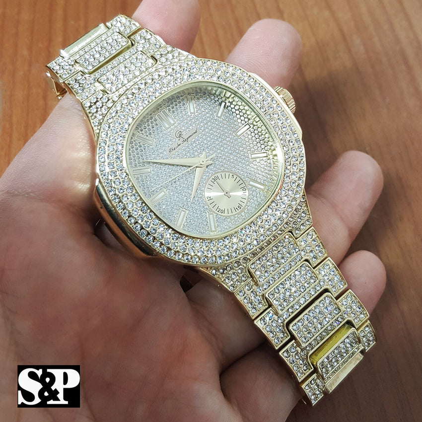 MENS HIP HOP QUAVO GOLD PT LUXURY WATCH & FULL ICED CUBAN BRACELET COMBO SET