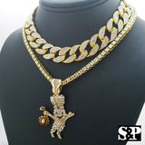 Hip Hop DOUGH BOY Pendant w/ 16" Full Iced Cuban & 1 ROW Tennis Choker Chain Necklace Set