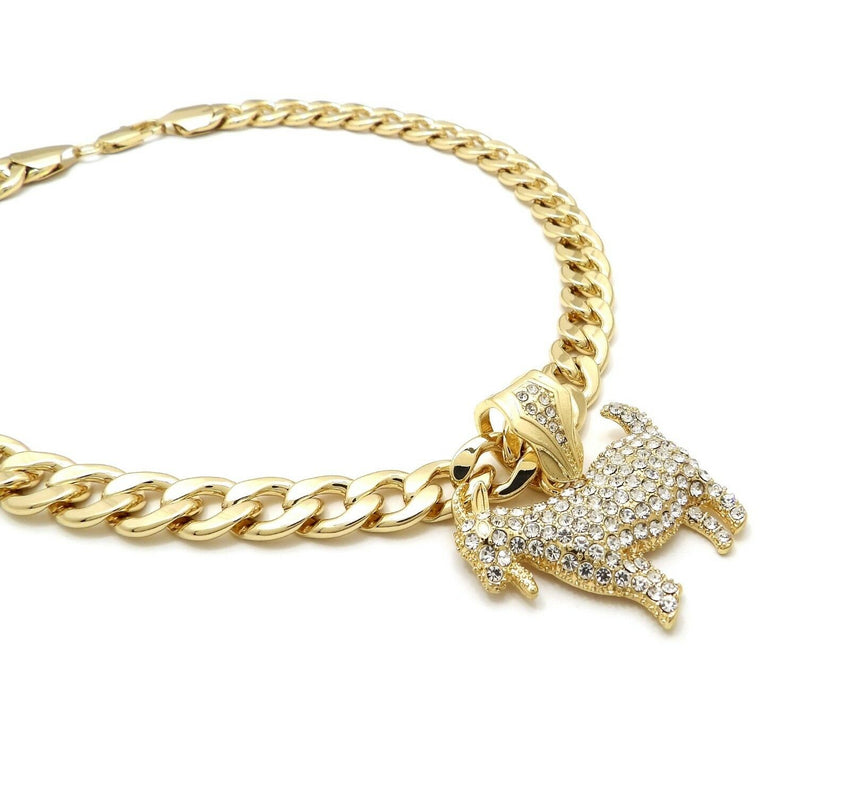 Hip Hop Iced Out Gold plated GOAT Pendant & 11mm 20" Cuban Choker Chain Necklace