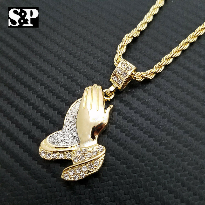 Hip Hop Praying Hands & Red Ruby Praying Hands Pendant w/ Rope Chain 2 Necklaces