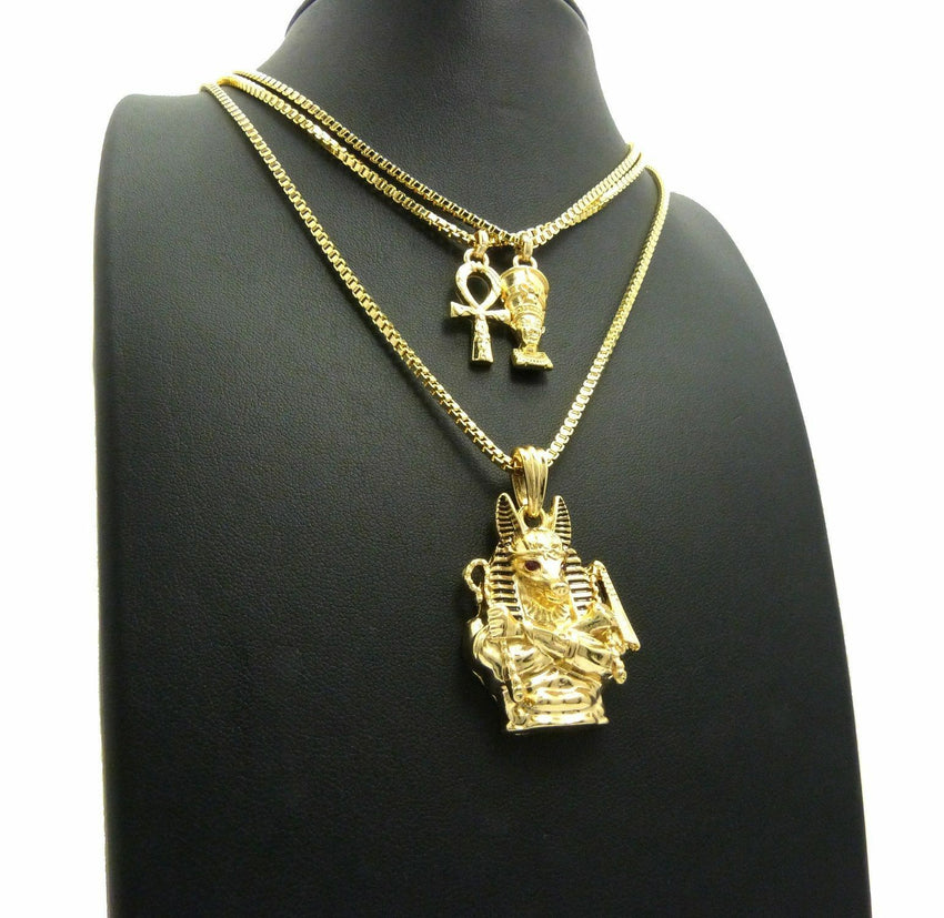 Egyptian Mini Nefertiti, Ankh, Anubis Pendant & 20",24" Box Chain 3 Necklace Set