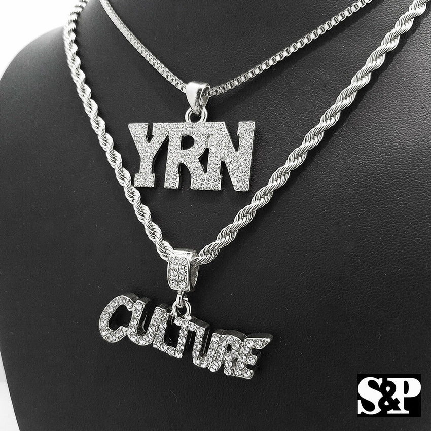 Hip Hop Migos Iced out CULTURE, YRN Pendants & Box, Rope Chain 2 Necklace set