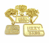 ICED OUT HIP HOP CZ GOLD PT 3 GLIZZY GANG PENDANTS W/ CUBAN CHAINS NECKLACE SET