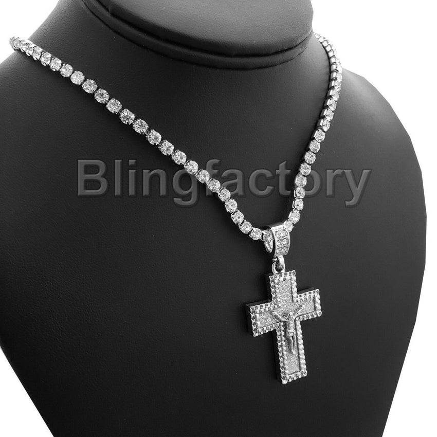 Hip Hop Iced Jesus Cross Pendant & 1 Row Diamond Tennis Choker Chain Necklace