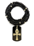 Hip Hop Egyptian Ankh Cross & Dog Tag Pendant & 6mm 30" Wooden Bead Necklace