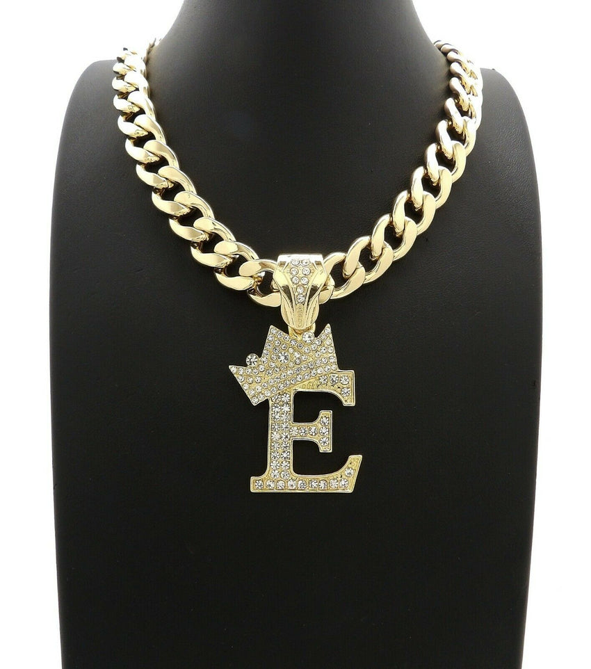 Hip Hop Crowned Alphabet Initial Pendant & 11mm 18" Cuban Choker Chain Necklace