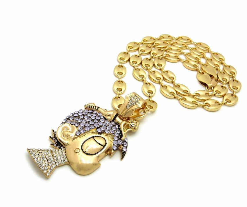 ICED OUT PAVE LIL UZI VERT CARTOON & 10mm 30" Marina Chain Necklace