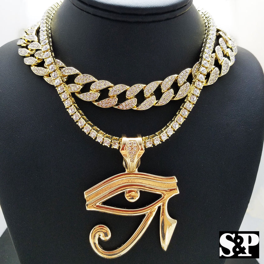 Hip Hop Eye of Horus w/ 18" Full Iced Cuban & 1 ROW DIAMOND Choker Chain Necklace Set