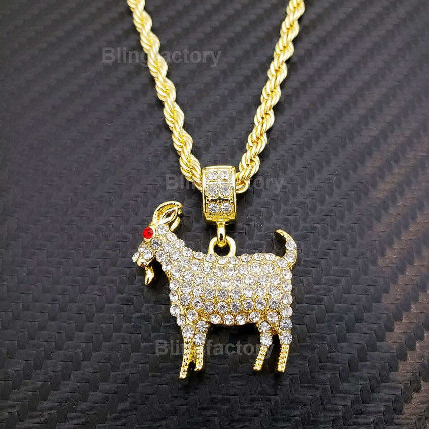 Hip Hop Iced out Gold, Silver plated GOAT Pendant & 4mm 24" Rope Chain Necklace