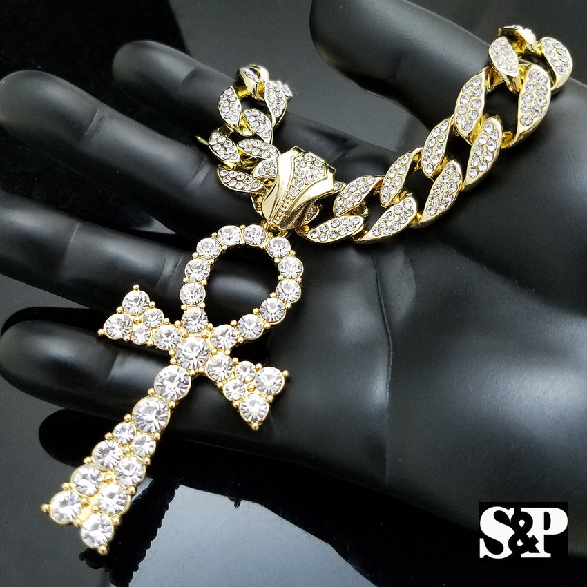 Hip Hop Egyptian Ankh Pendant & 15mm 18" Iced Out Cuban Choker Chain Necklace