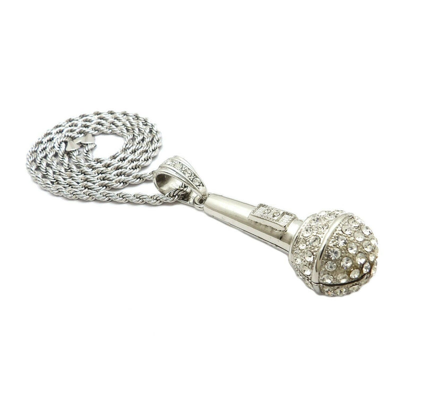 HIP HOP ICED OUT SILVER PLATED MICRO PHONE PENDANT & 4mm 24" ROPE CHAIN NECKLACE