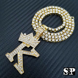 Hip Hop Initial K Pendant & 18" Full Iced 1 ROW DIAMOND Tennis Choker Chain Necklace