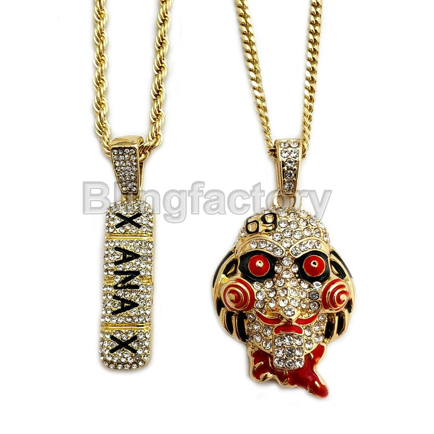 Hip Hop Iced out Saw & XANAX Pendant & 20" 24" Rope, Cuban Chain Necklace set