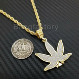Hip Hop Iced out Glittered Marijuana Pendant & 4mm 24" Rope Chain Necklace