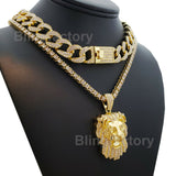 Hip Hop Lion Head Pendant & 18" Full Iced Cuban & 1 Row Tennis Choker Chain Necklace Set