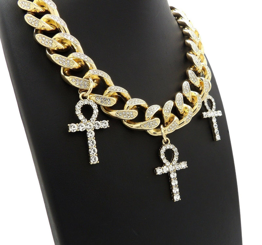 Hip Hop Iced Triple Ankh Cross Pendant & 20" Full Iced Cuban Choker Chain Necklace