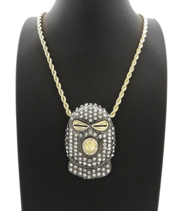 HIP HOP ICED OUT GOLD PT MASKED GOON PENDANT & 4mm 24
