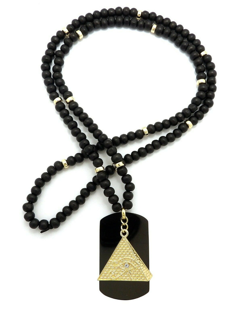 Hip Hop Iced Egyptian Pyramid & Dog Tag Pendant w/ 6mm 30" Wooden Bead Necklace